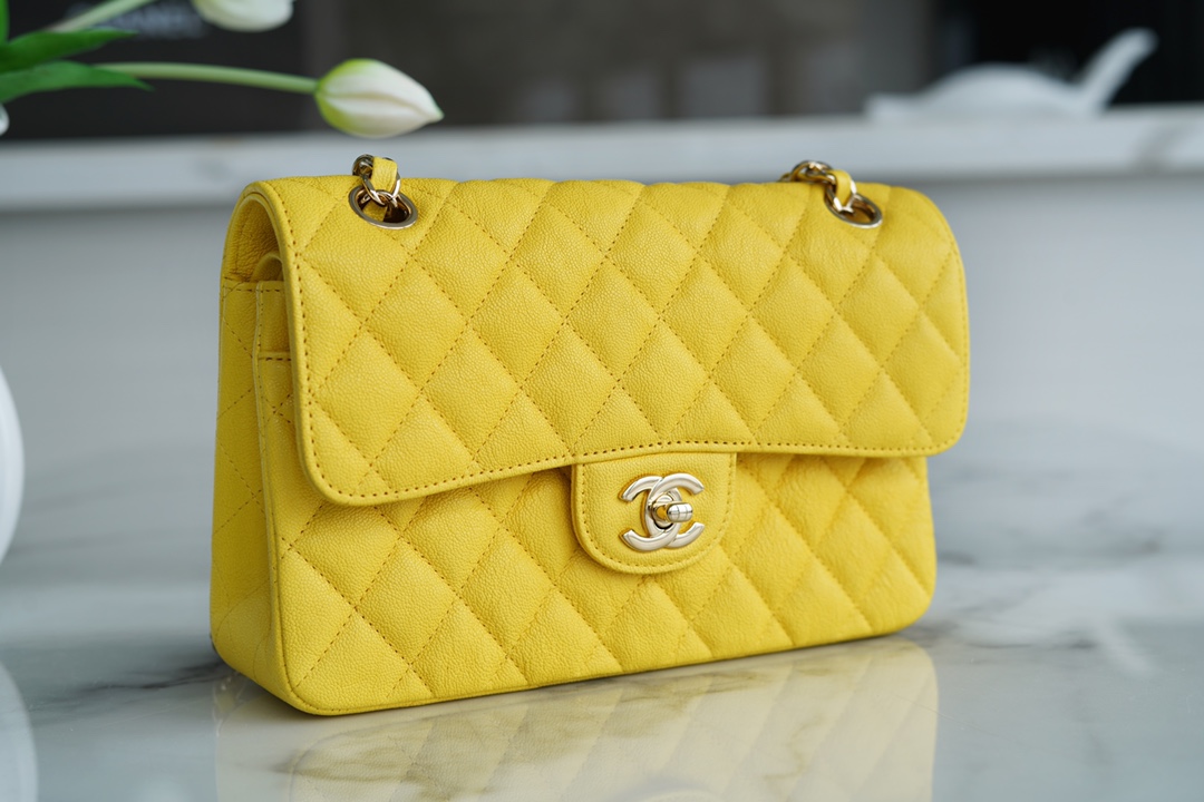 CF Classic Flap Small Lemon Yellow Washable Calfskin  