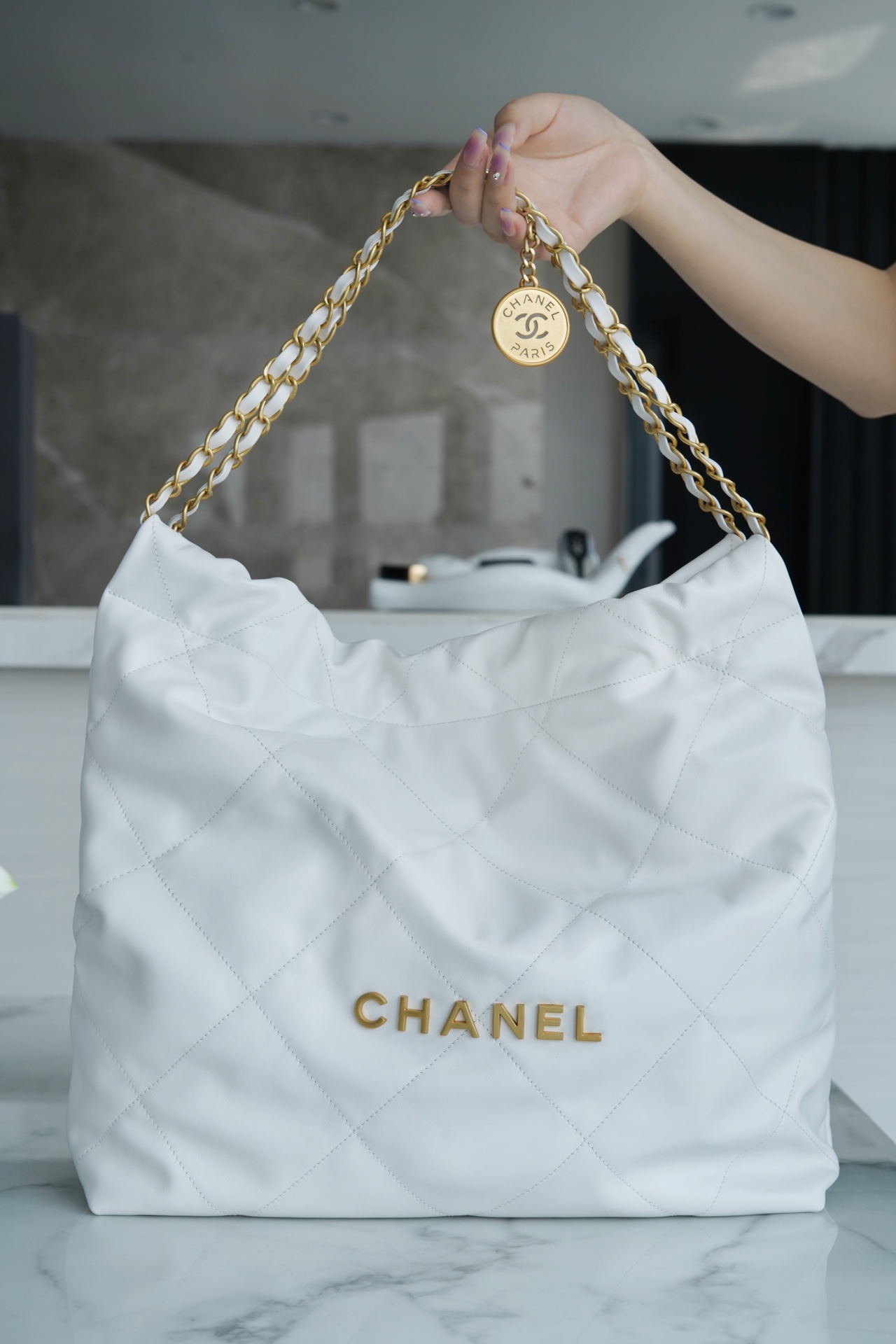 CHANEL 22P Bag Medium White Gold Hardware Calfskin  