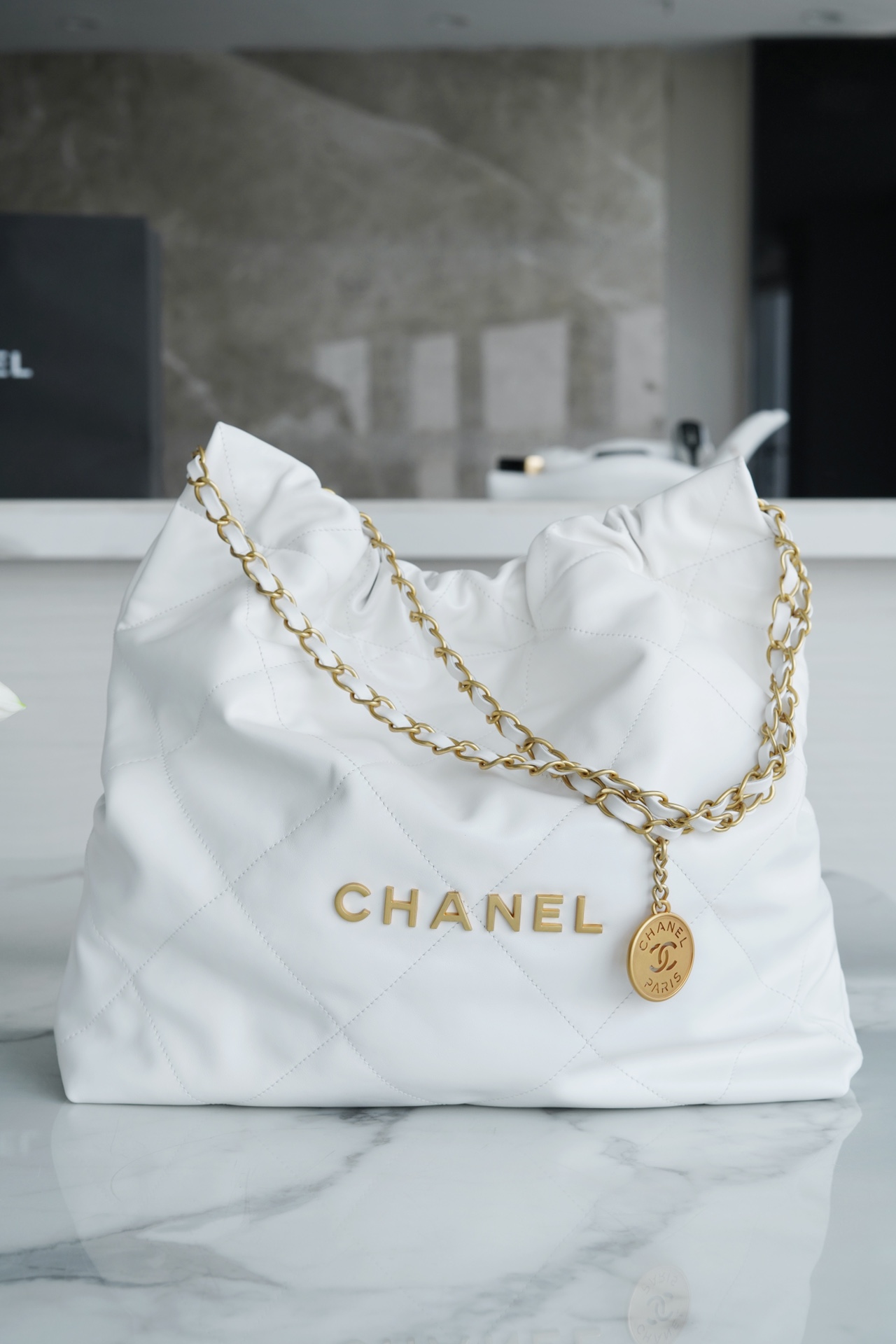 CHANEL 22P Bag Medium White Gold Hardware Calfskin  