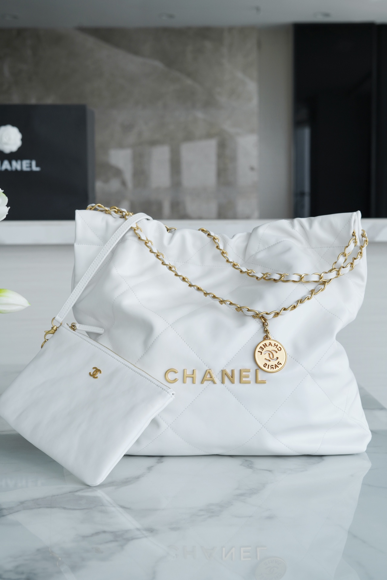 CHANEL 22P Bag Medium White Gold Hardware Calfskin  