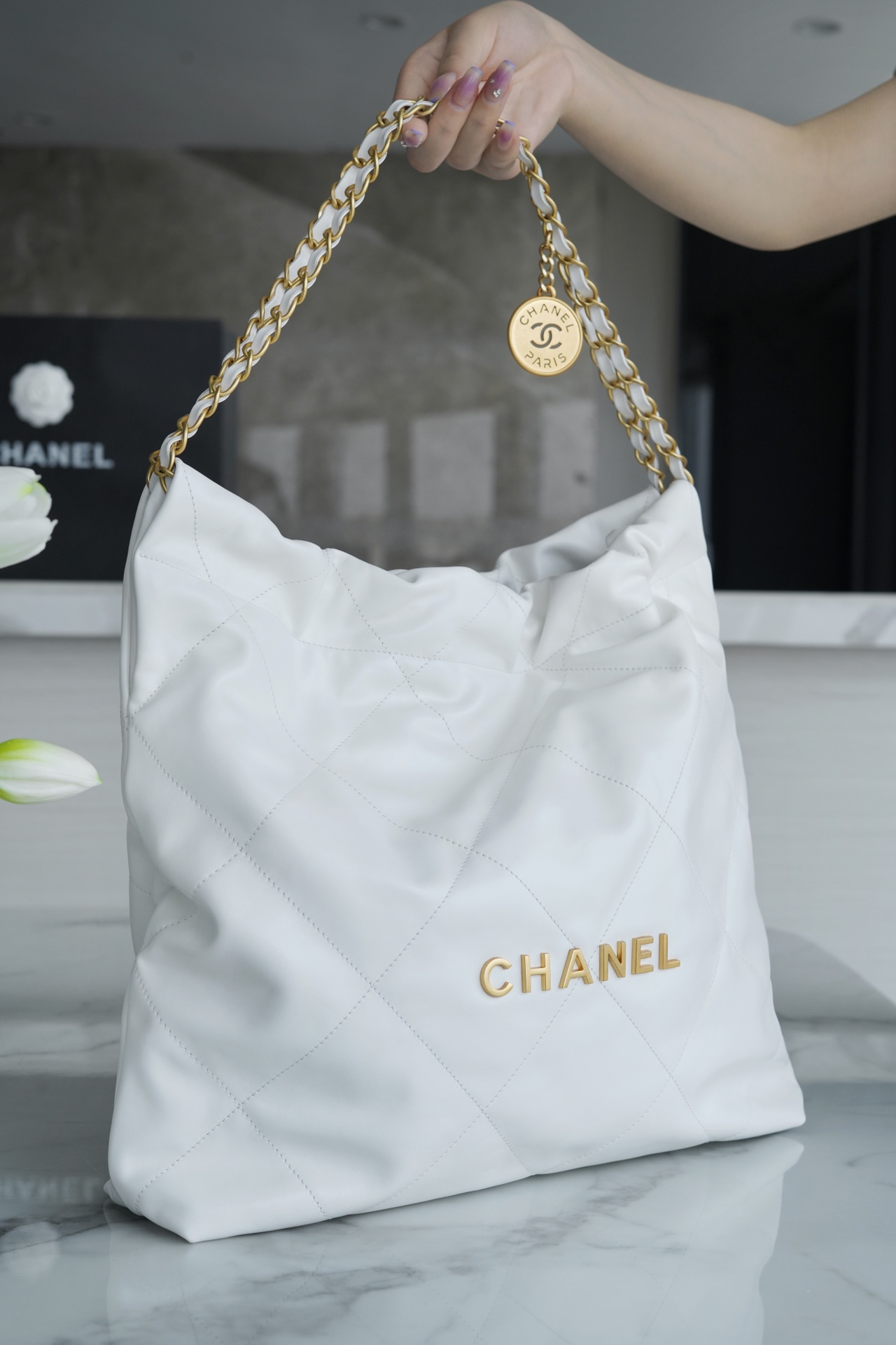 CHANEL 22P Bag Medium White Gold Hardware Calfskin  