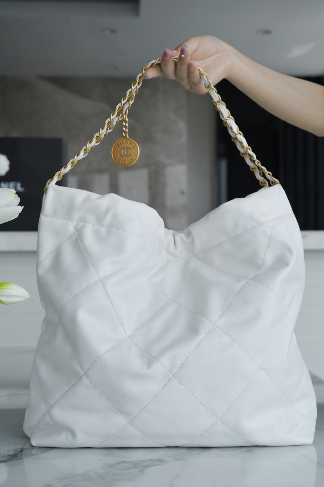 CHANEL 22P Bag Medium White Gold Hardware Calfskin  