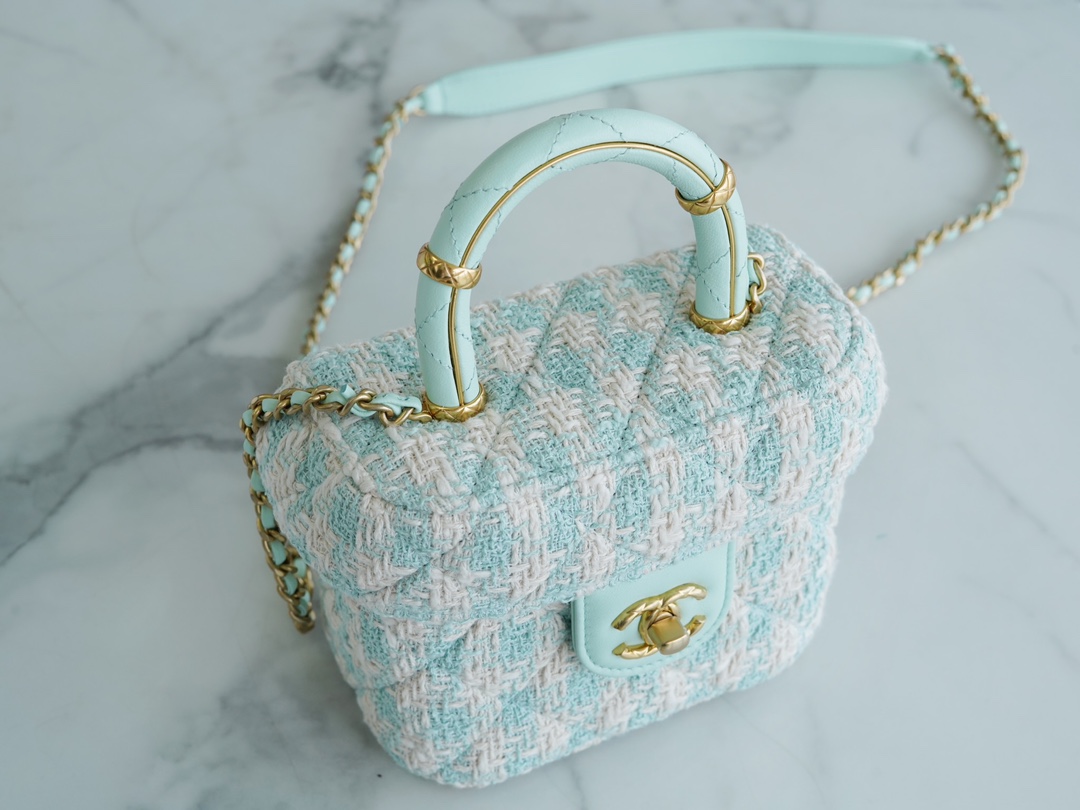 Chanel 23S Handle Box Tweed Makeup Bag Mint Green  