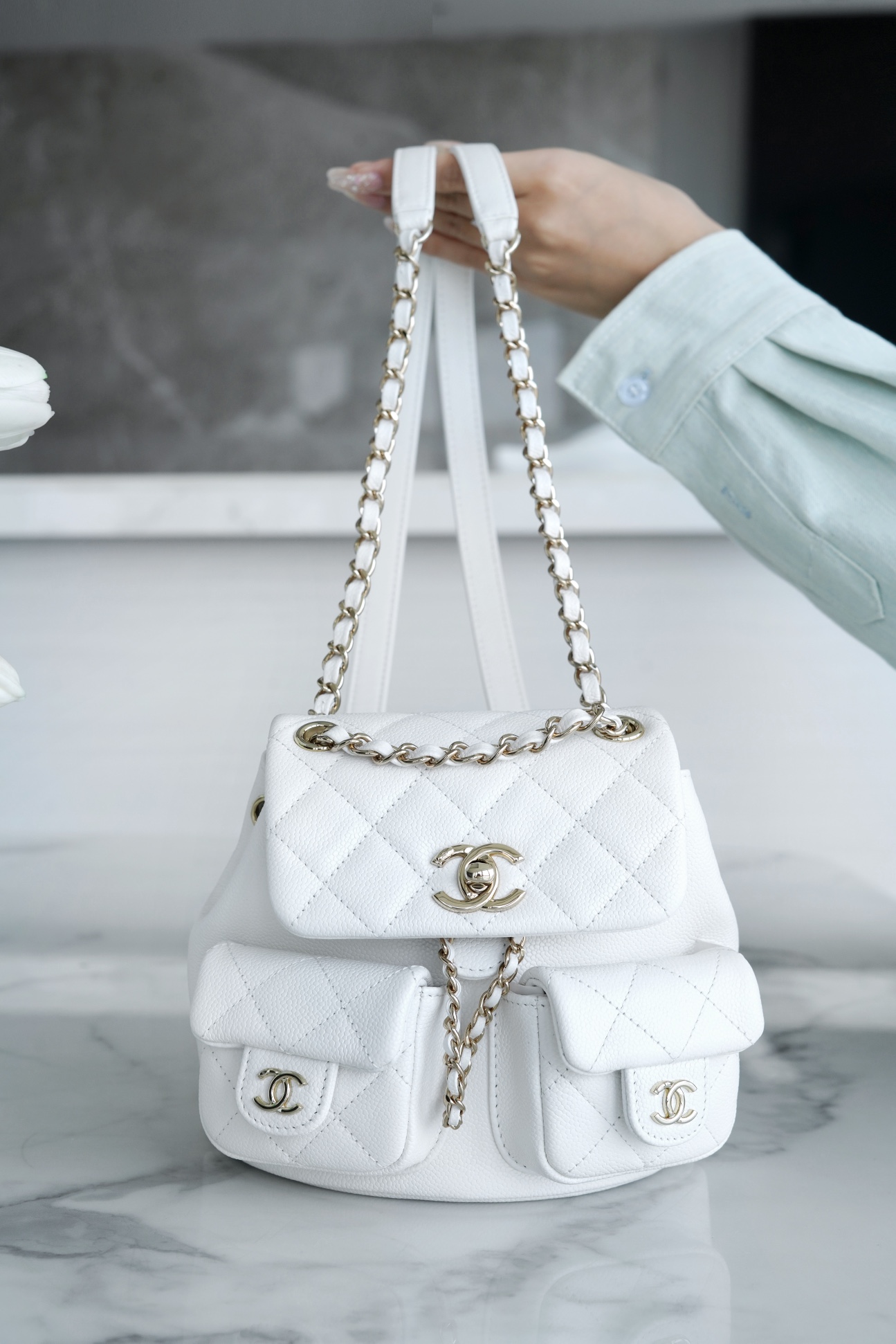 CHANEL 23P New Duma Backpack Mini White Calfskin