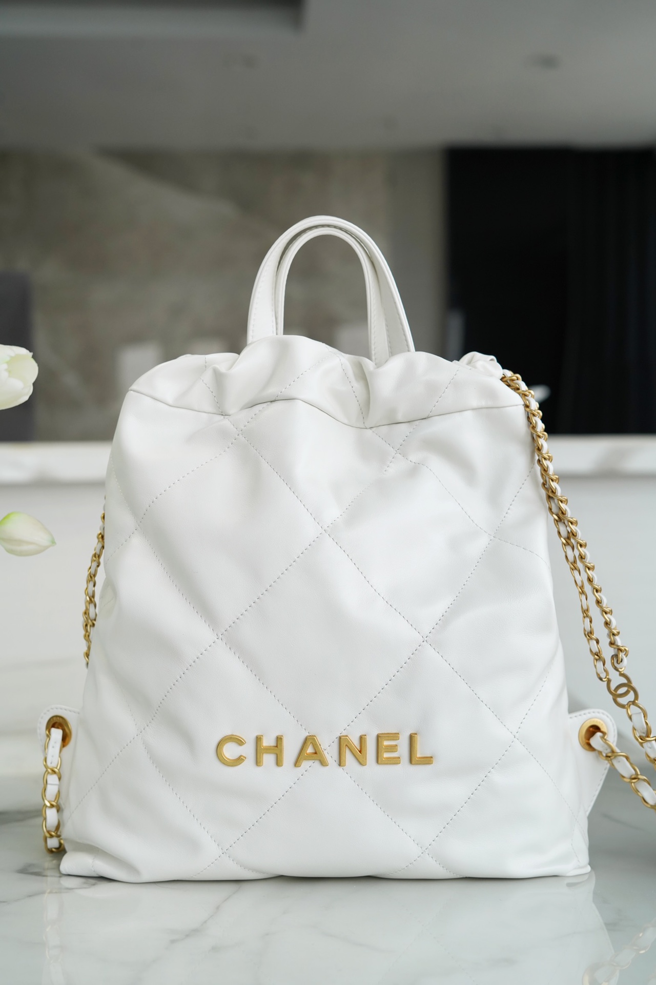 CHANEL 23P Spring/Summer New Mini Backpack White Gold Glossy Calfskin  