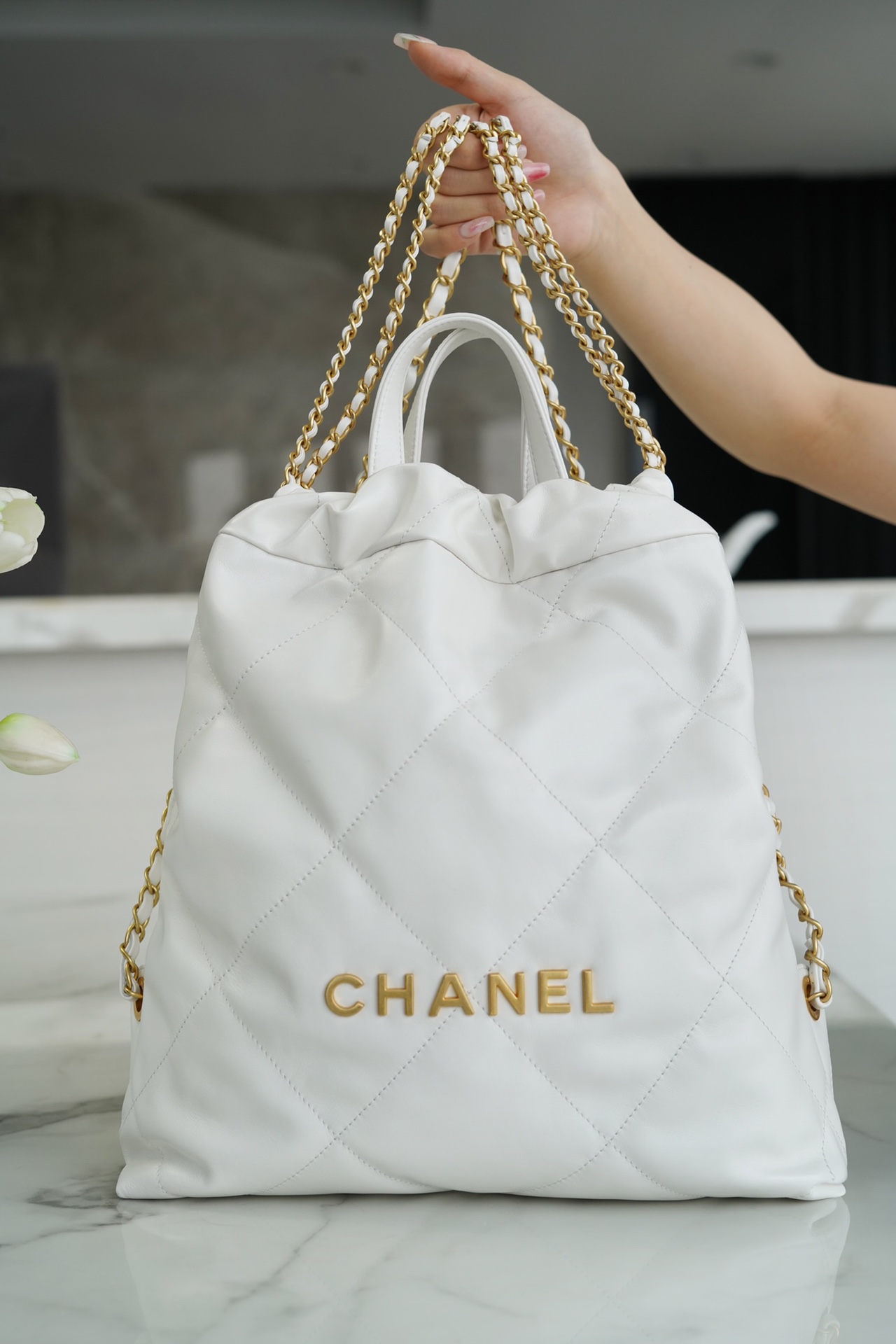 CHANEL 23P Spring/Summer New Mini Backpack White Gold Glossy Calfskin  