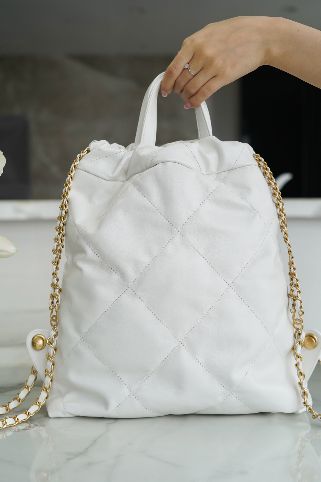 CHANEL 23P Spring/Summer New Mini Backpack White Gold Glossy Calfskin  