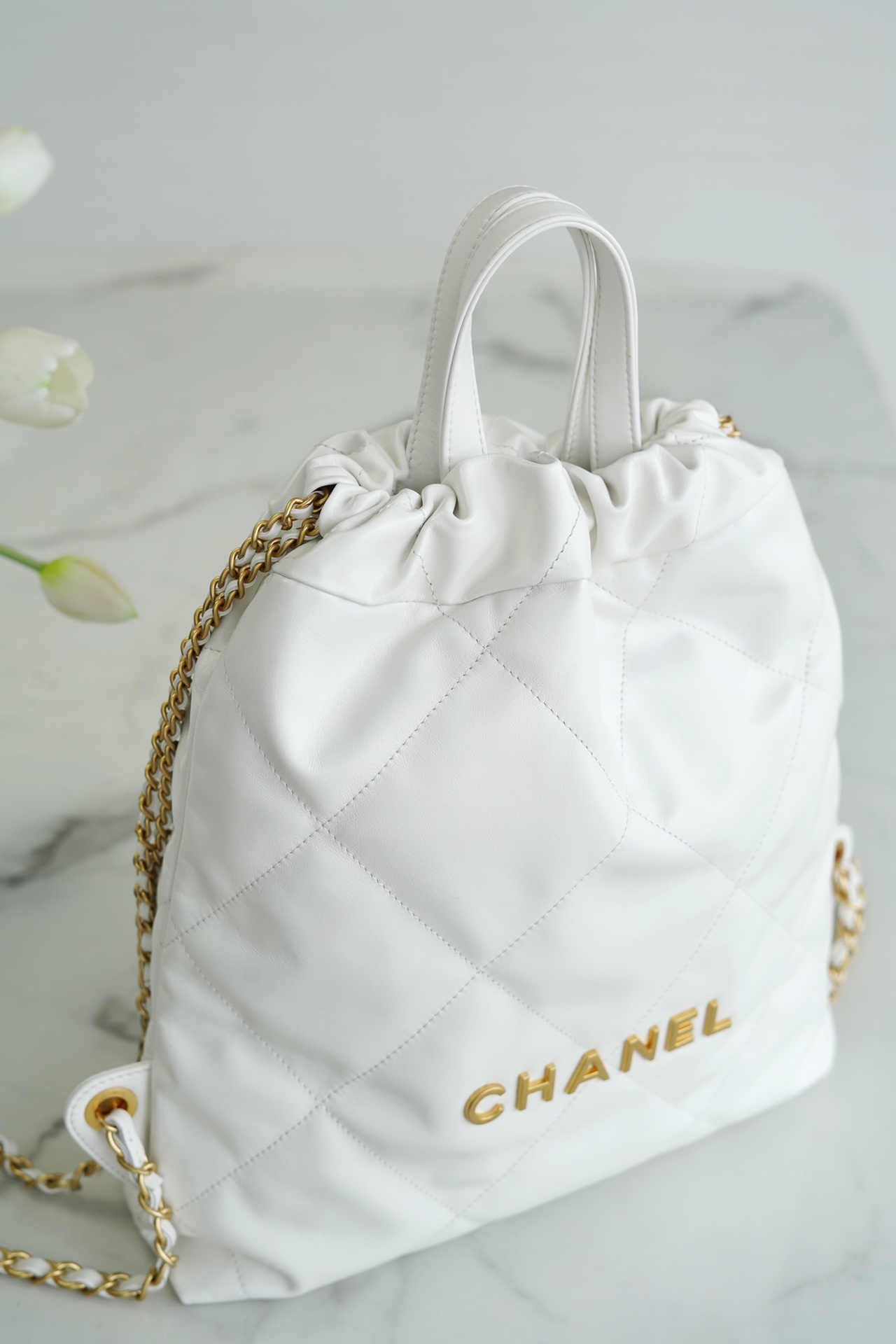 CHANEL 23P Spring/Summer New Mini Backpack White Gold Glossy Calfskin  