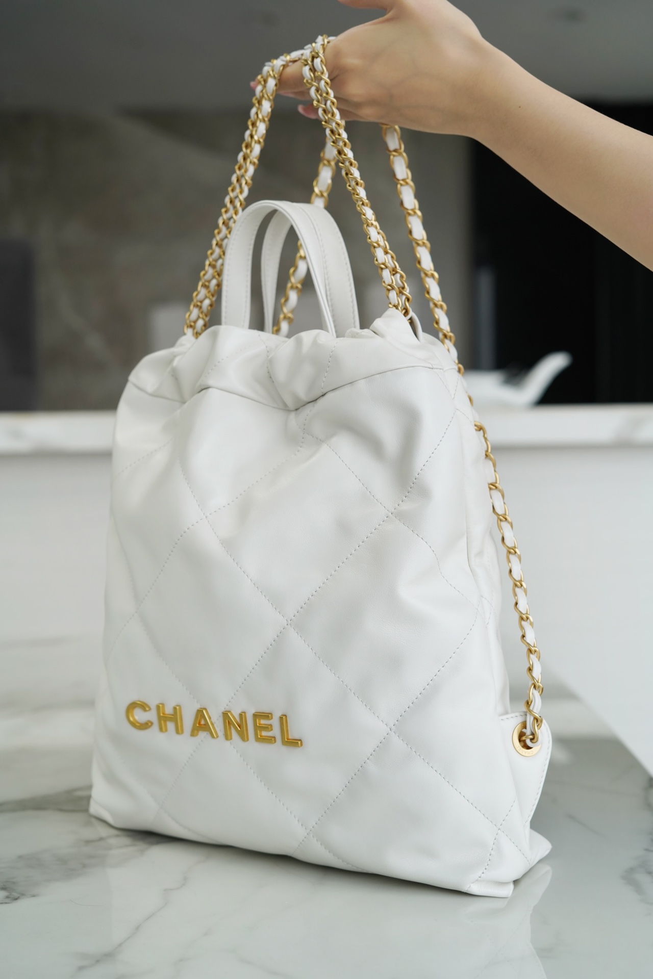 CHANEL 23P Spring/Summer New Mini Backpack White Gold Glossy Calfskin  