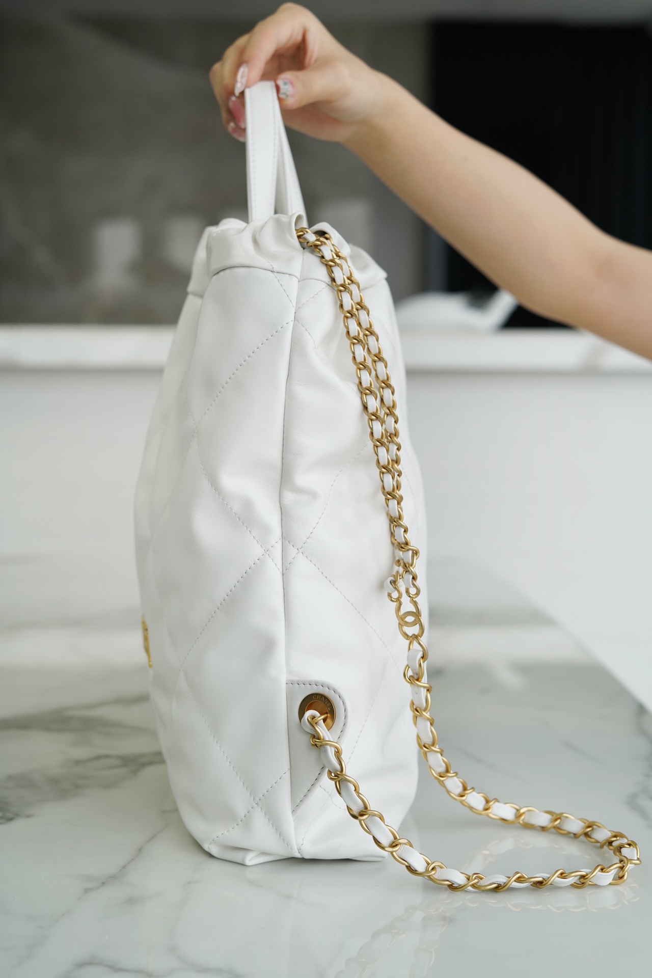 CHANEL 23P Spring/Summer New Mini Backpack White Gold Glossy Calfskin  