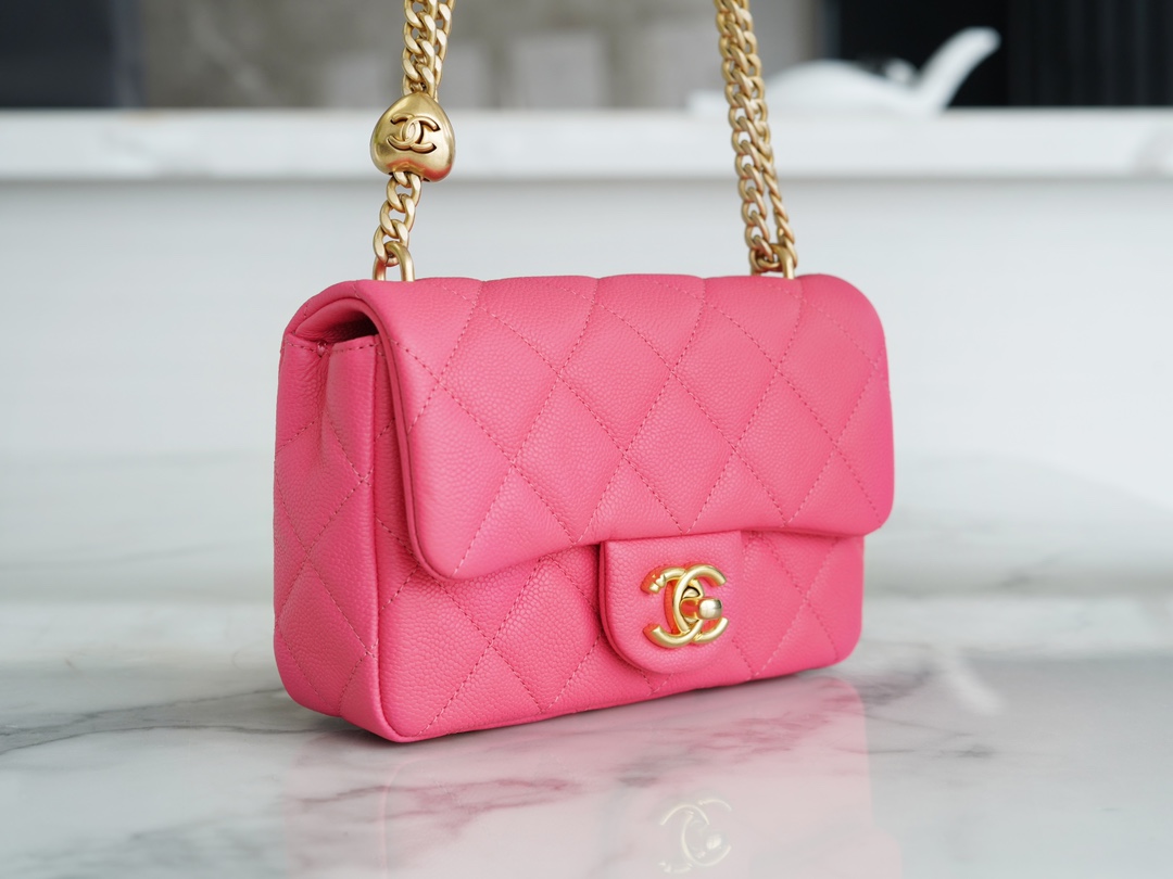 CHANEL 23P Heart Adjustable Mini Red Grainy Calfskin  