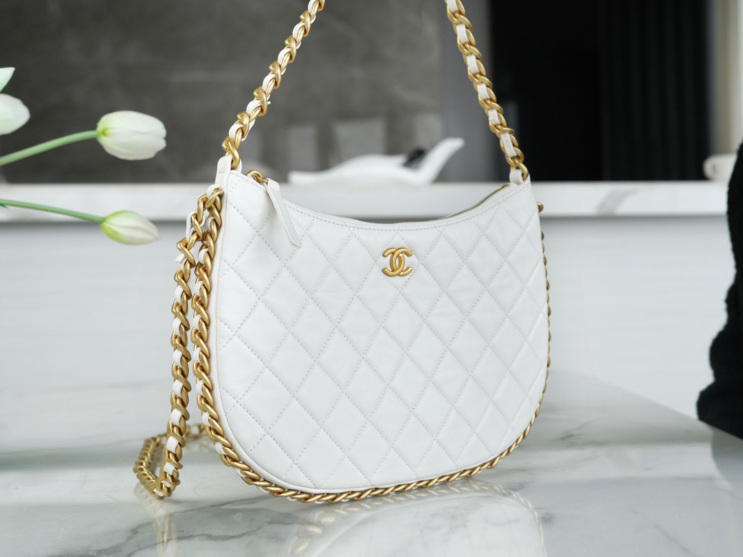 CHANEL 23B Hobo Double Chain Shoulder Bag Large White