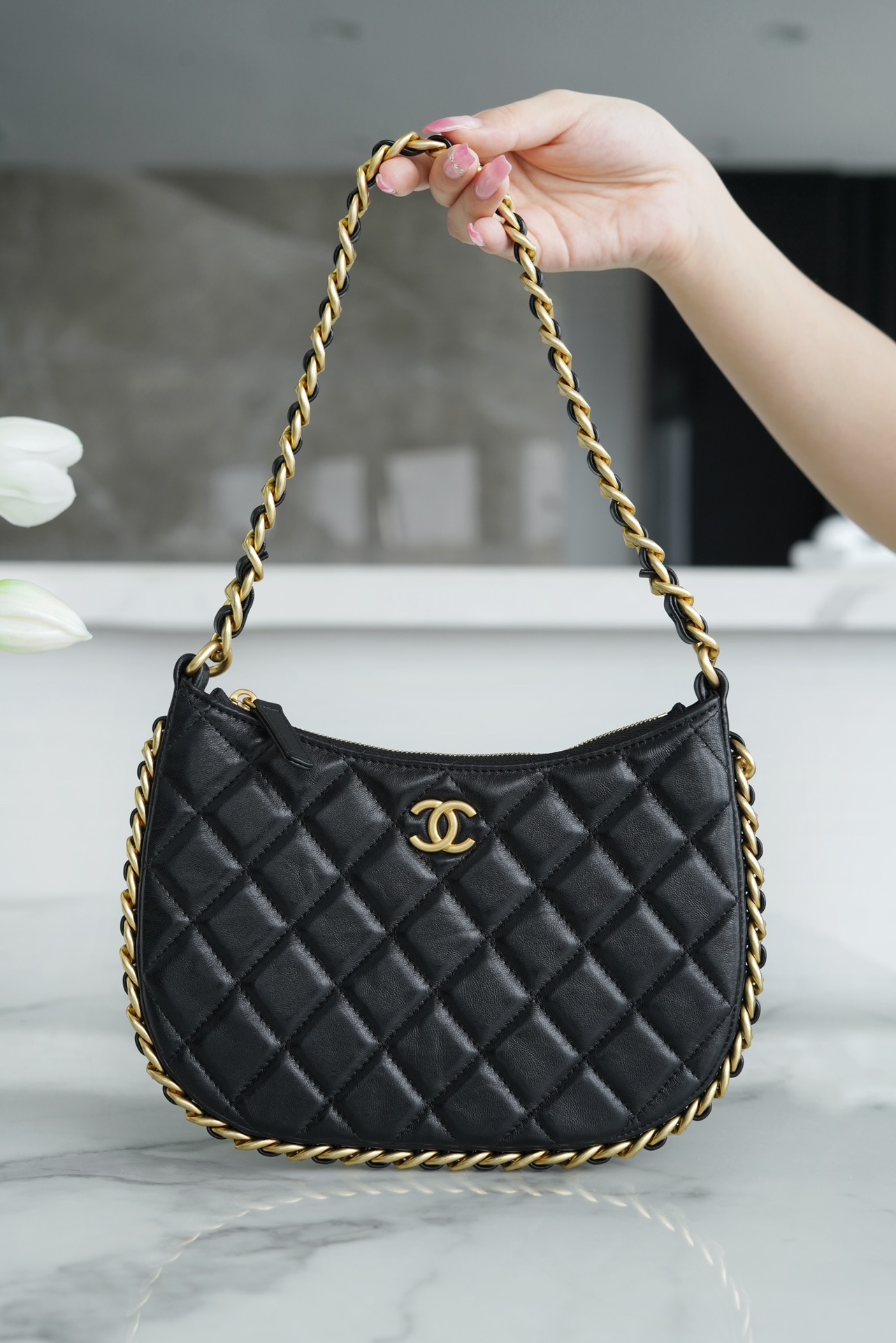 CHANEL 23B Hobo Shoulder Bag Medium Black  