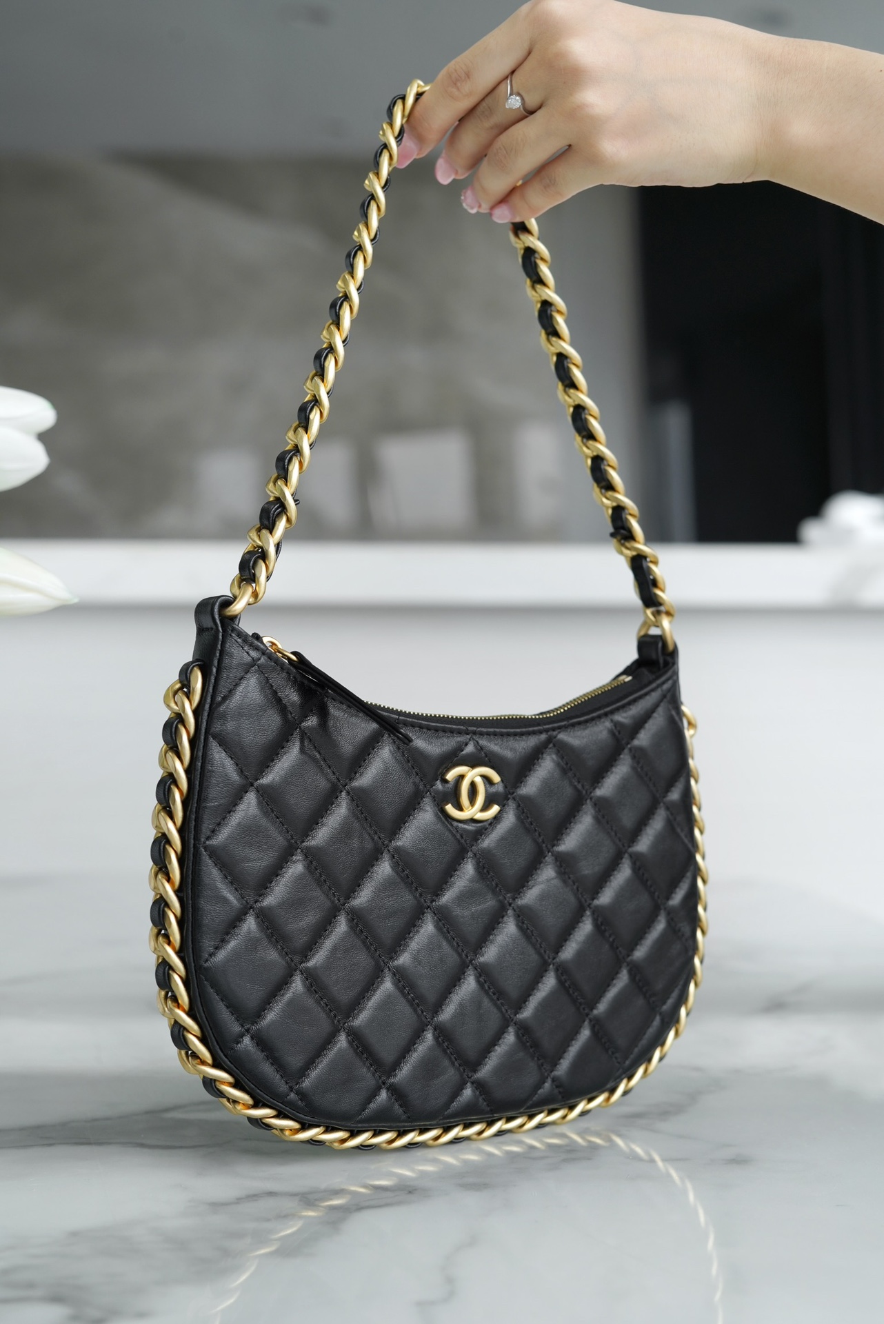 CHANEL 23B Hobo Shoulder Bag Medium Black  