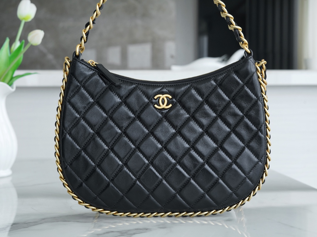 CHANEL 23B Hobo Double Chain Shoulder Bag Large Black  