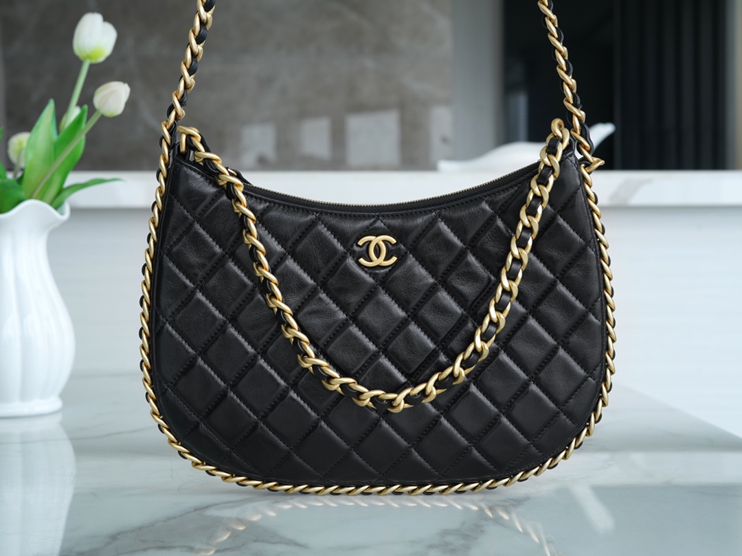 CHANEL 23B Hobo Double Chain Shoulder Bag Large Black  