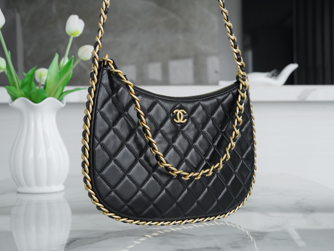 CHANEL 23B Hobo Double Chain Shoulder Bag Large Black  