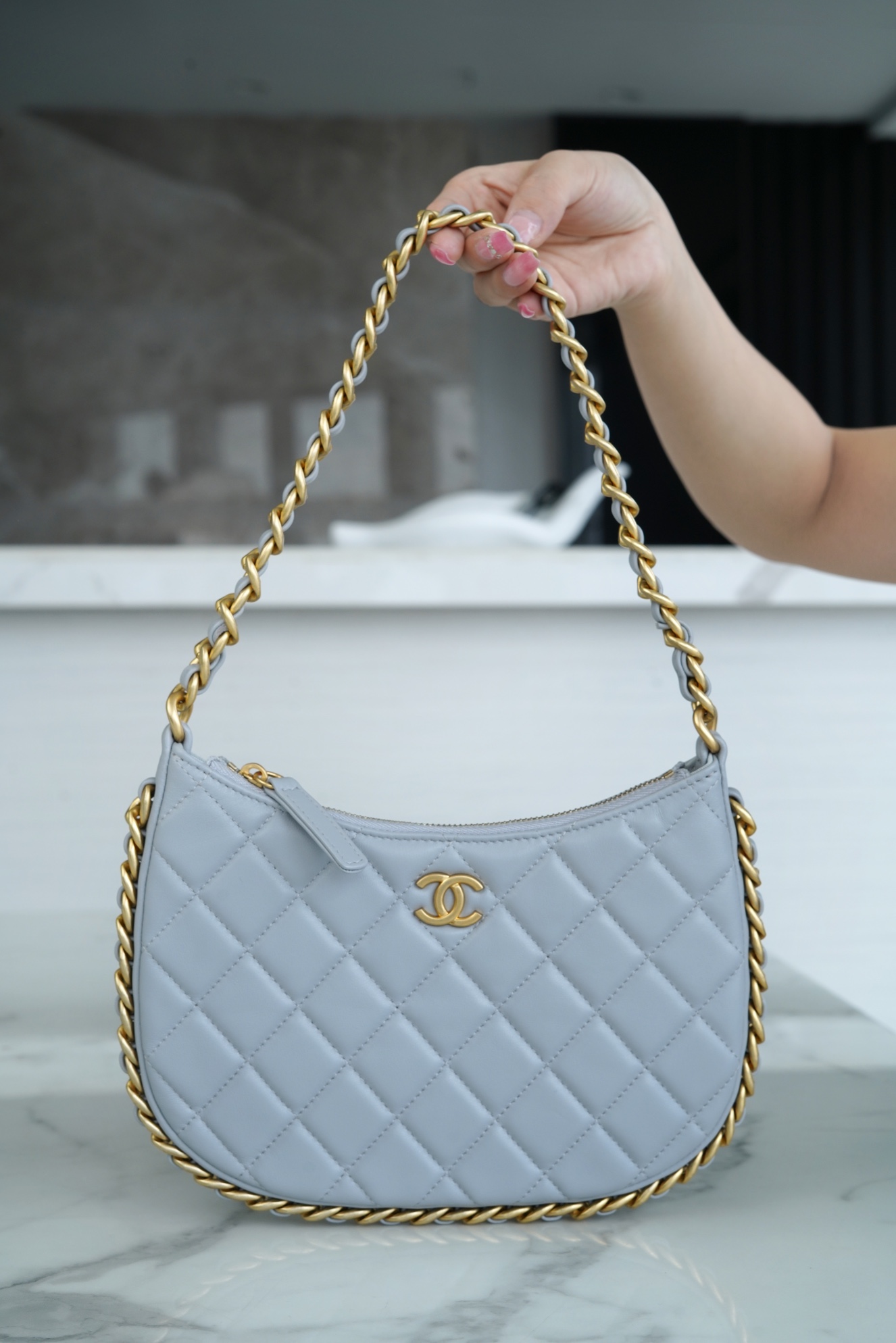 CHANEL 23B Hobo Shoulder Bag Medium Mist Blue  