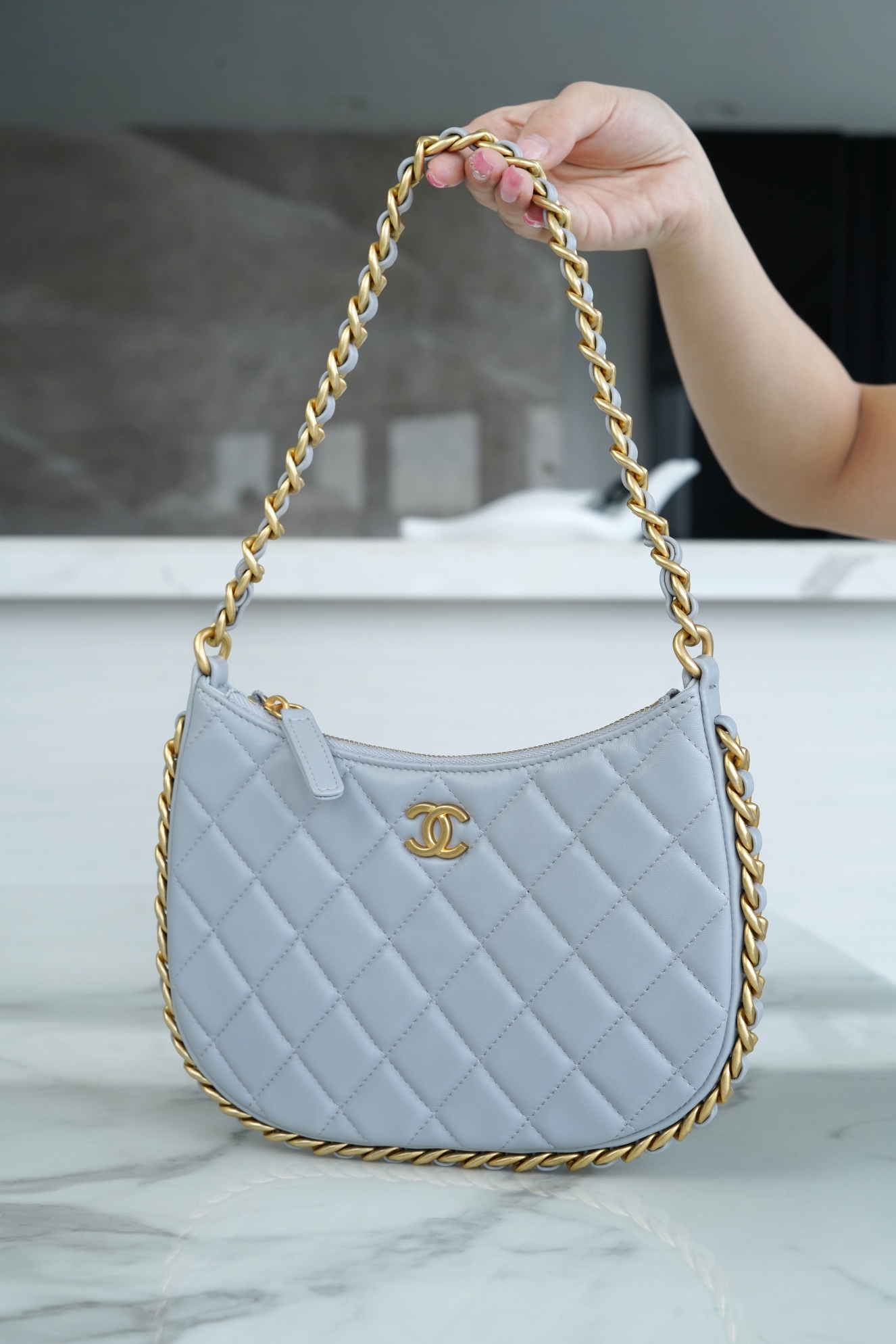 CHANEL 23B Hobo Shoulder Bag Medium Mist Blue  