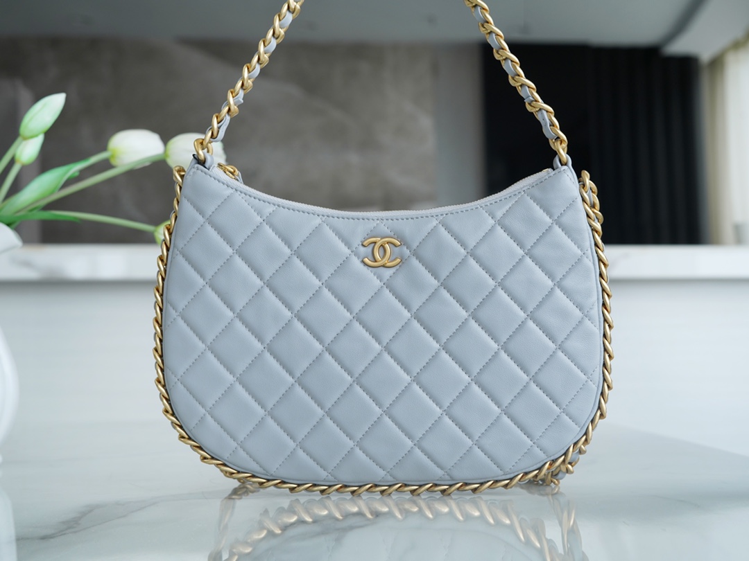 CHANEL 23B Hobo Double Chain Shoulder Bag Large Mist Blue  