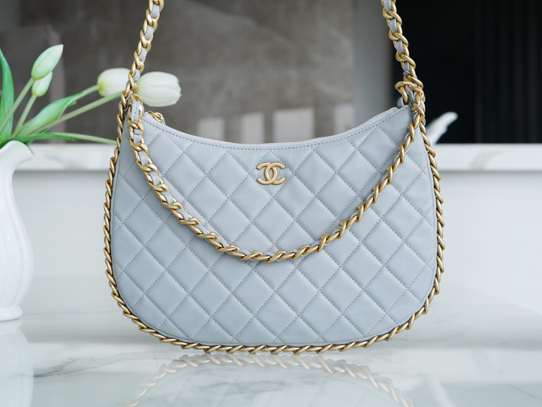 CHANEL 23B Hobo Double Chain Shoulder Bag Large Mist Blue  