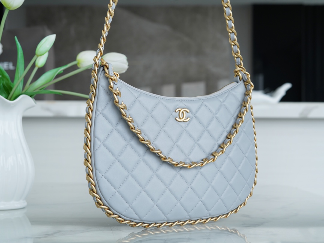 CHANEL 23B Hobo Double Chain Shoulder Bag Large Mist Blue  