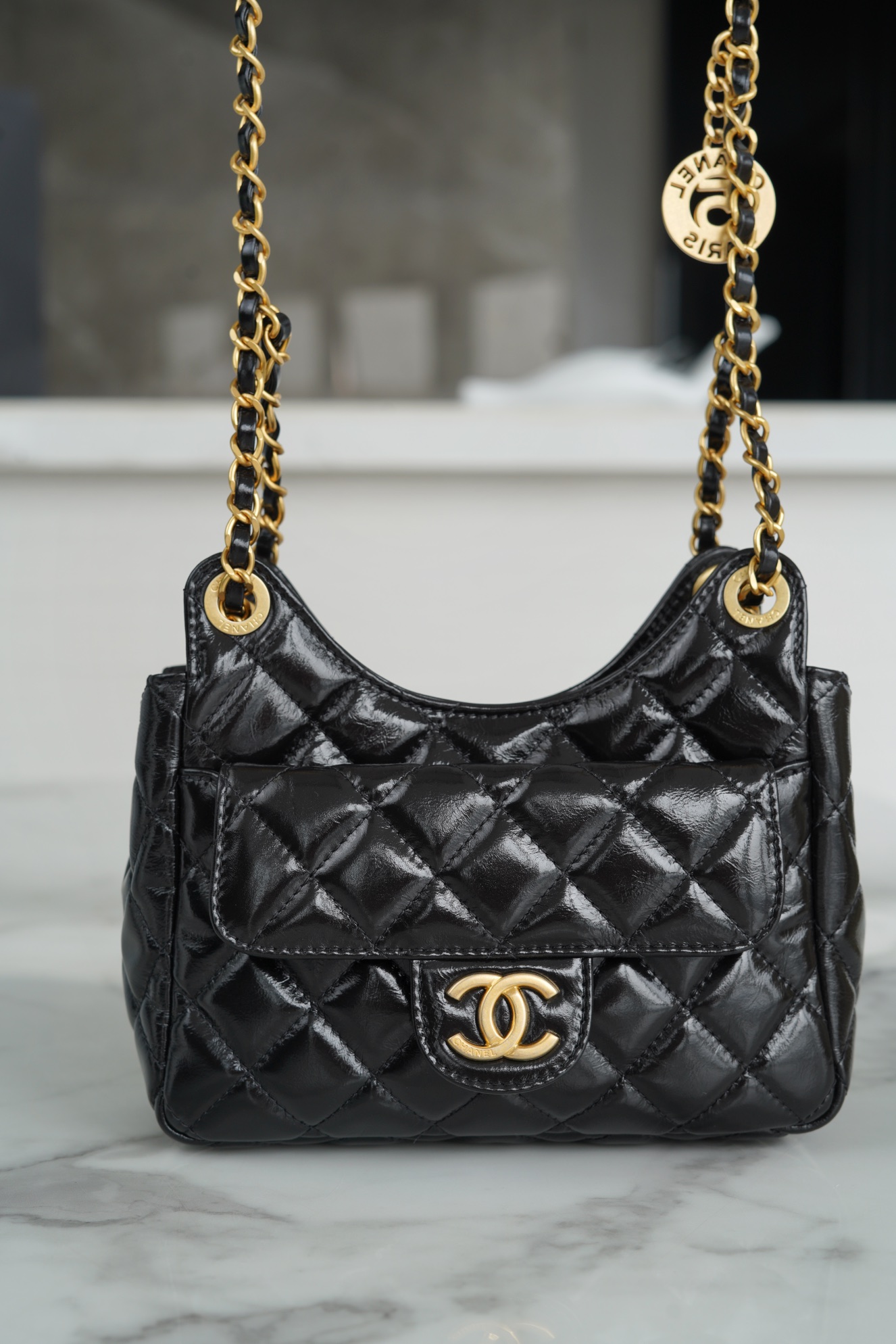 CHANEL 23C Early Spring Resort Series Flap Bag Small Black Shiny Wrinkled Calfskin  