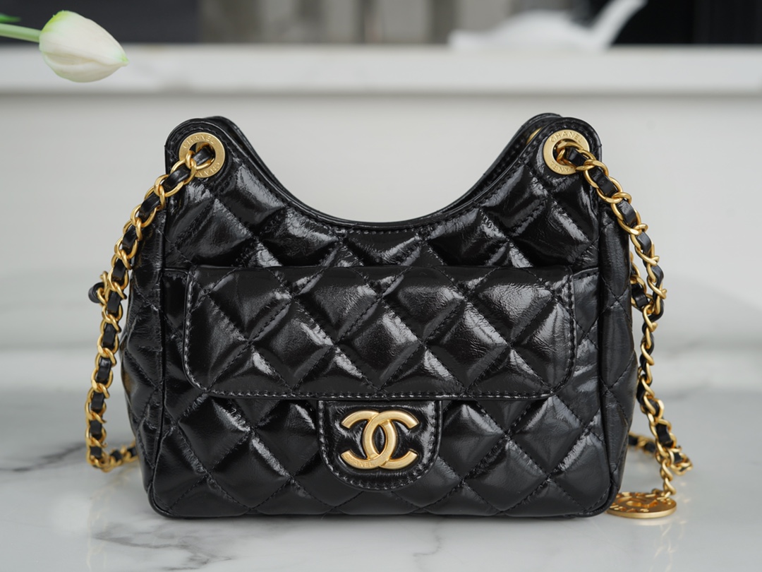 CHANEL 23C Early Spring Resort Series Flap Bag Small Black Shiny Wrinkled Calfskin  