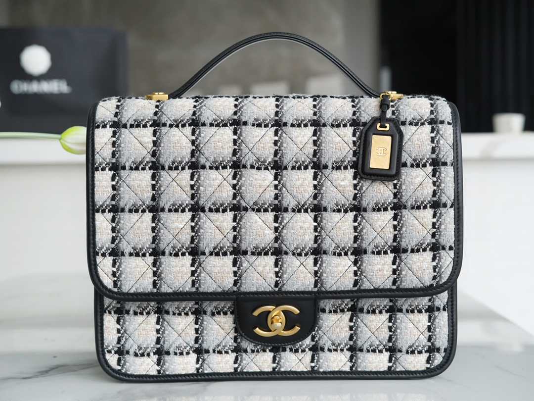 CHANEL 22K Atelier Black & White Tweed Backpack  