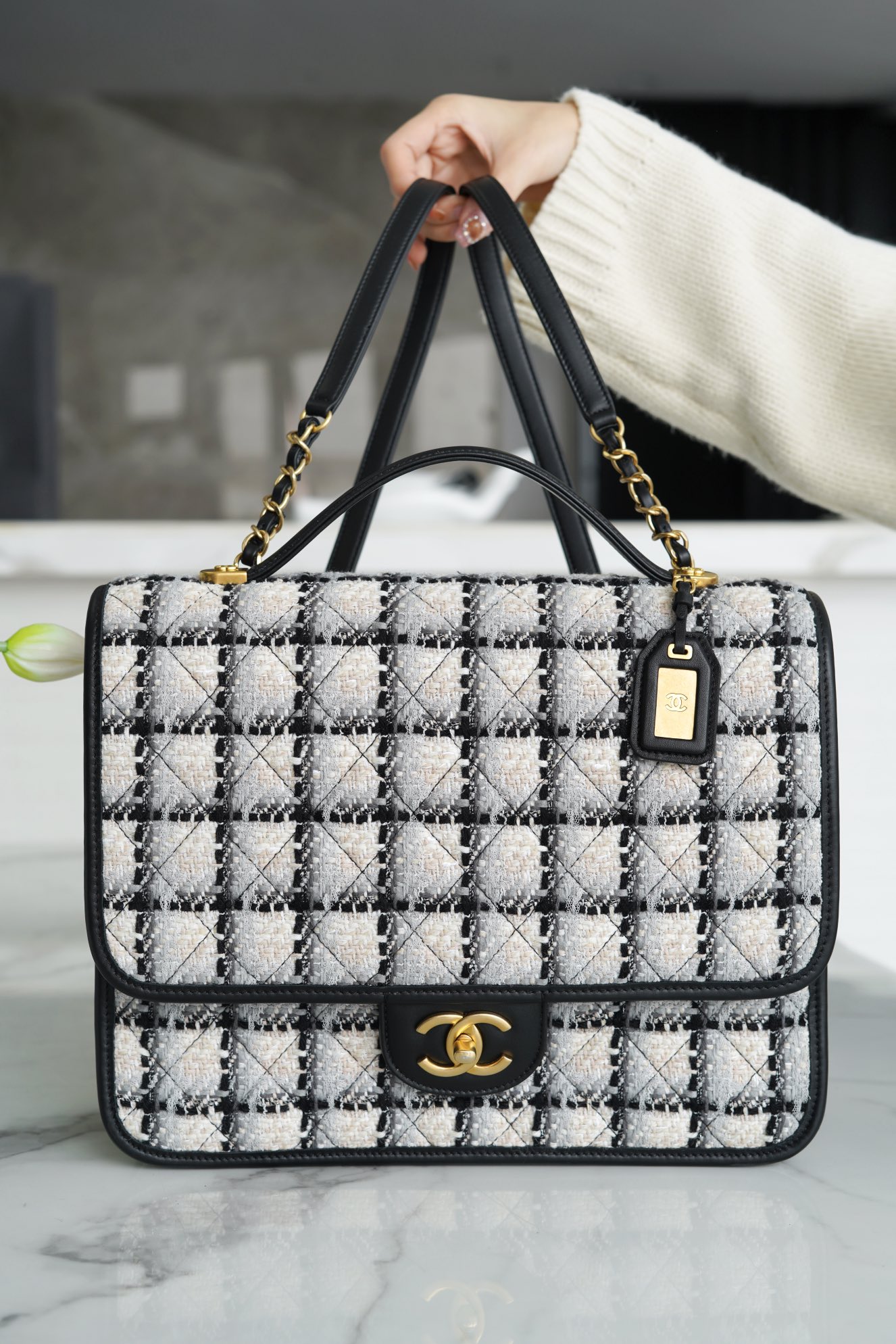 CHANEL 22K Atelier Black & White Tweed Backpack  