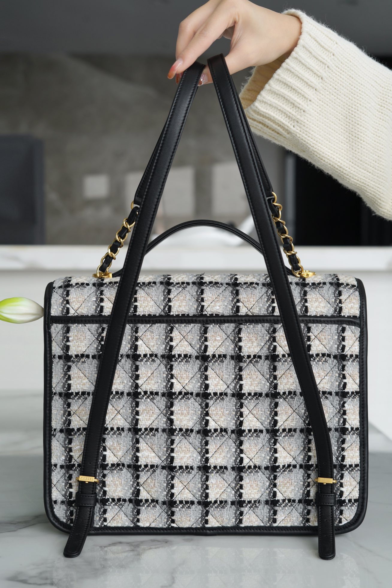 CHANEL 22K Atelier Black & White Tweed Backpack  