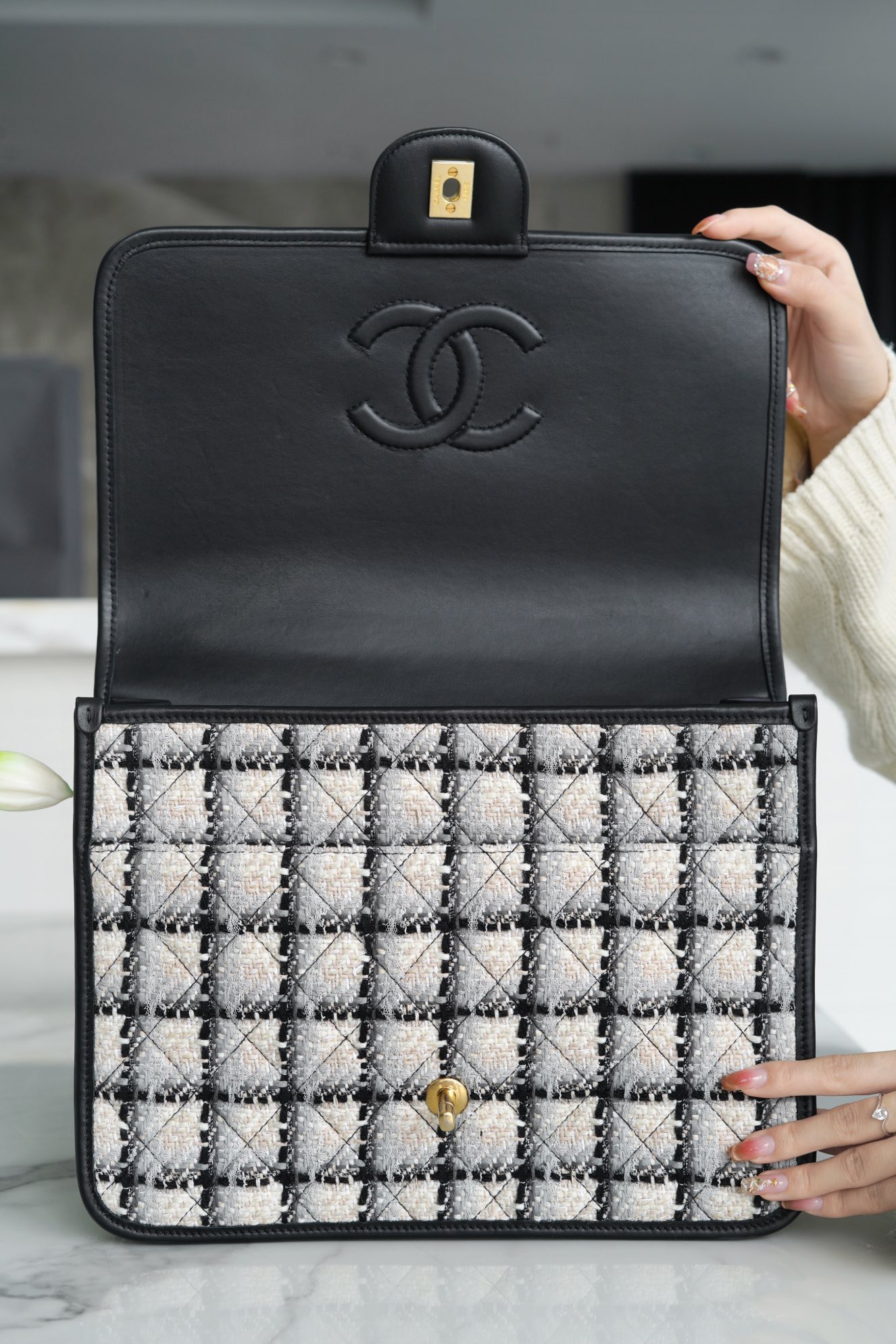 CHANEL 22K Atelier Black & White Tweed Backpack  