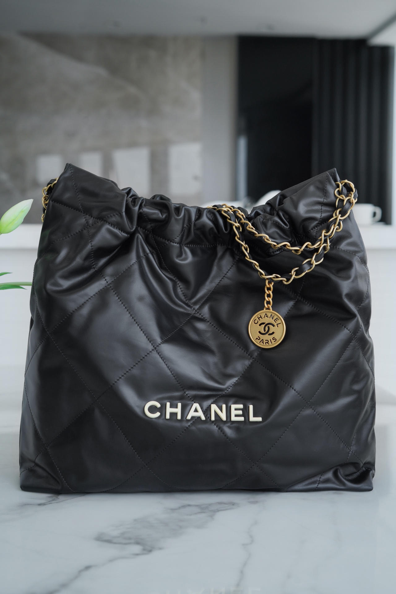 CHANEL 22P Bag Medium Black with White Button  