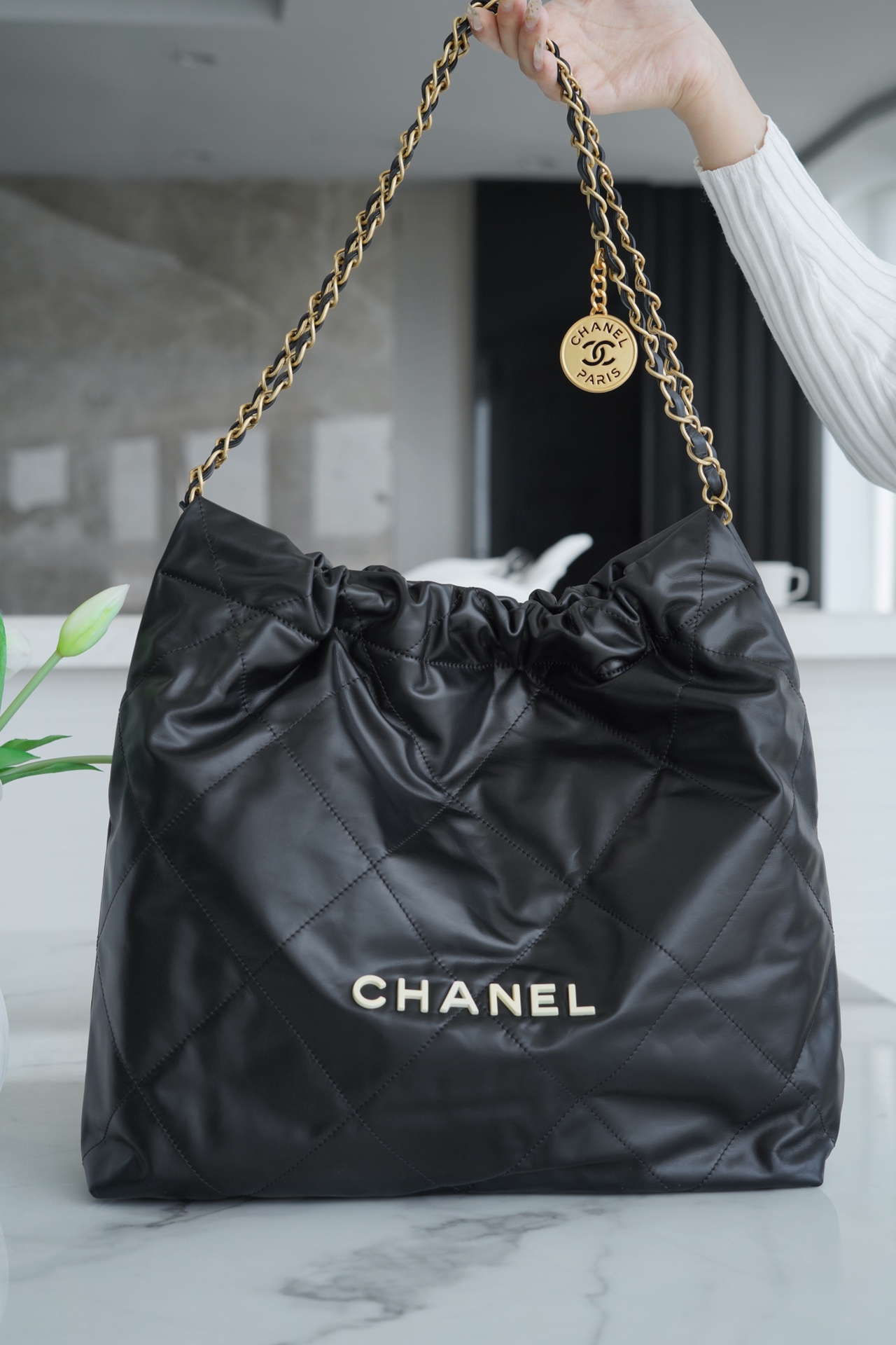 CHANEL 22P Bag Medium Black with White Button  