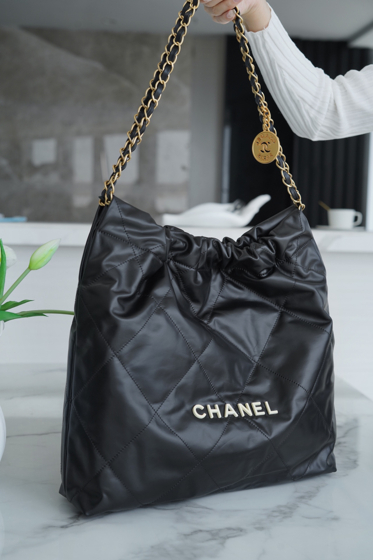 CHANEL 22P Bag Medium Black with White Button  