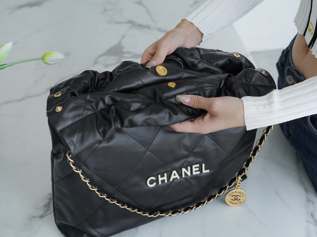 CHANEL 22P Bag Medium Black with White Button  