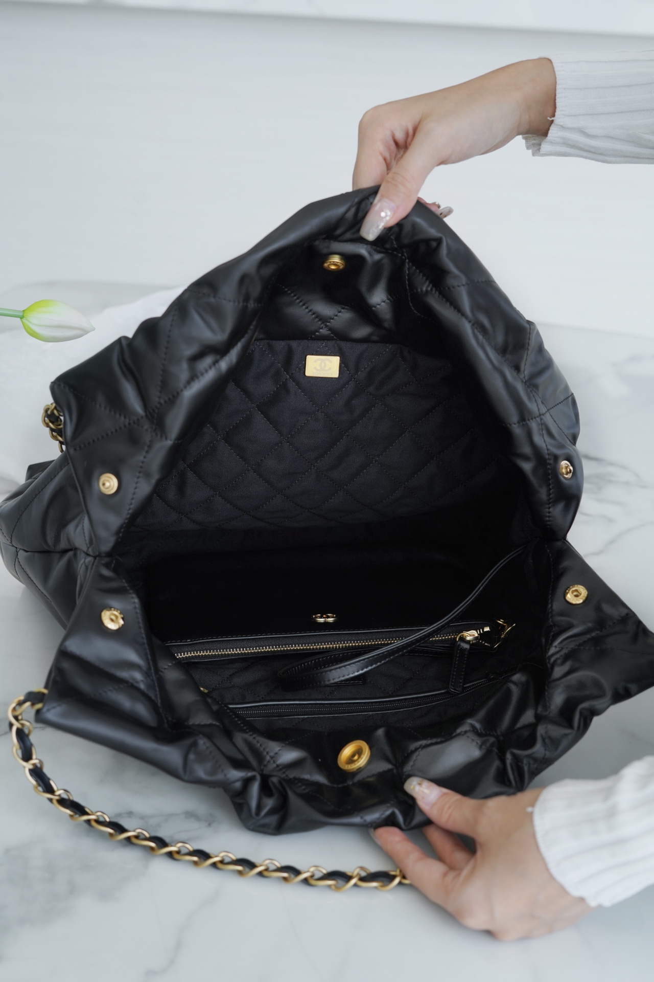 CHANEL 22P Bag Medium Black with White Button  