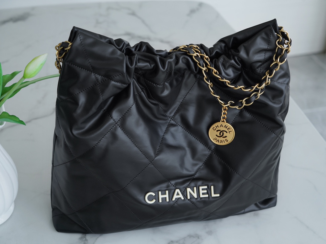 CHANEL 22P Bag Medium Black with White Button  