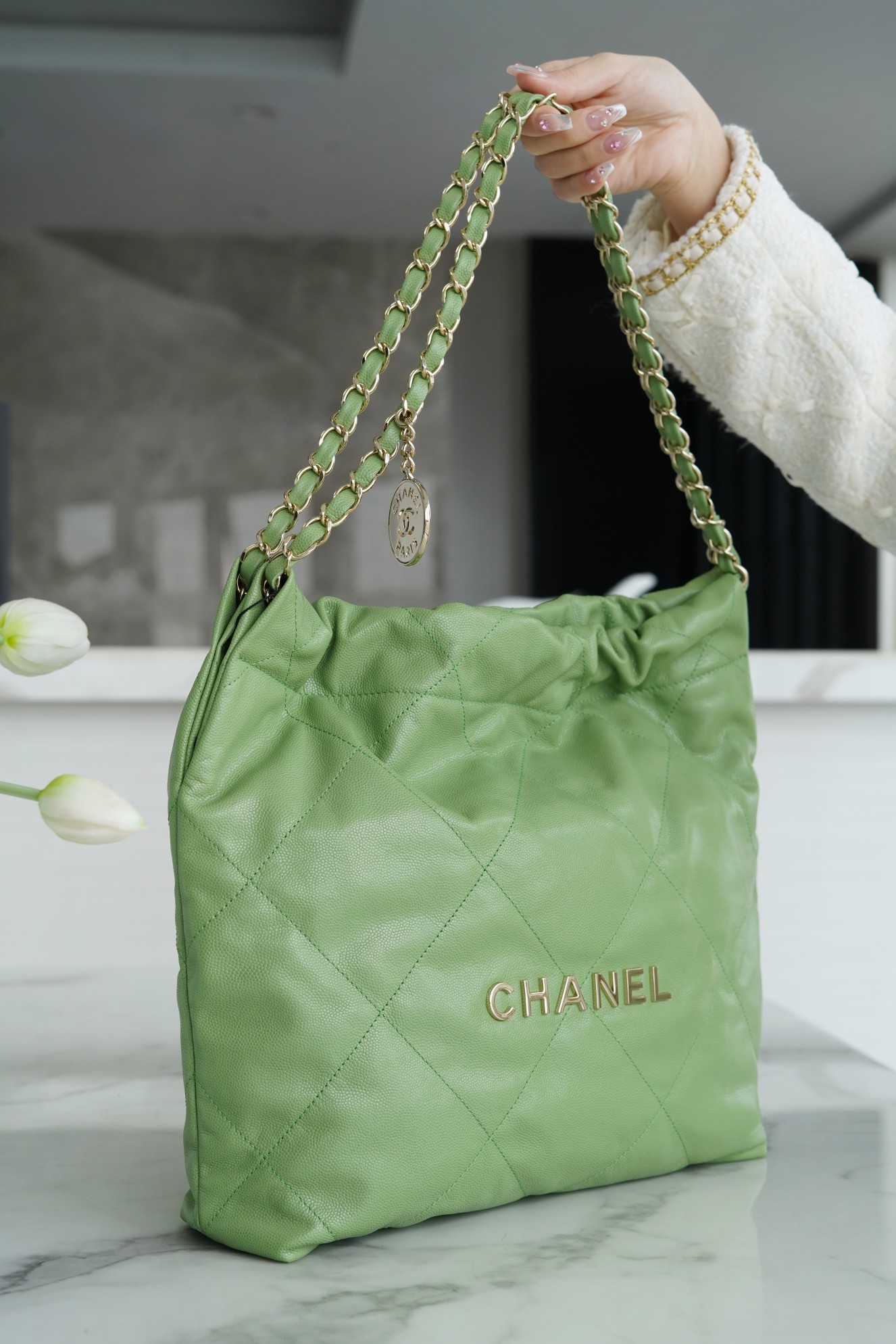 CHANEL 22P Bag Small Avocado Green Calfskin  