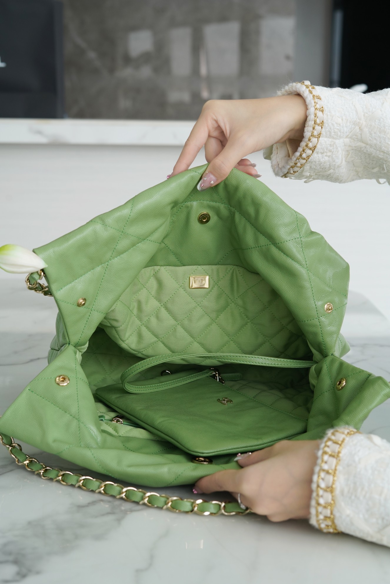 CHANEL 22P Bag Small Avocado Green Calfskin  