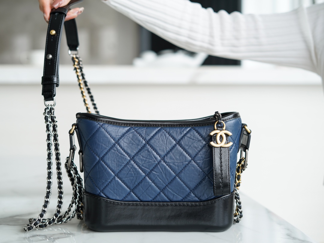 Chanel Gabrielle Classic Flap Bag Blue Black Small Calfskin  