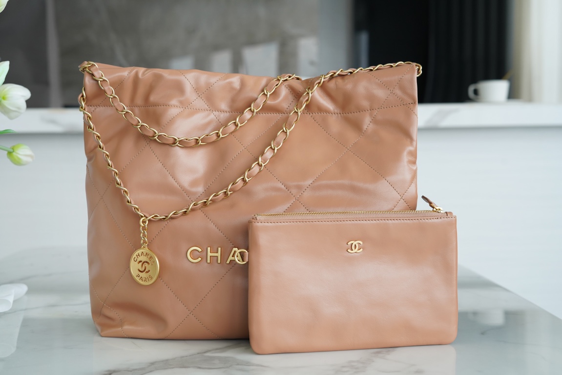 CHANEL 22 Bag Small Milk Tea Almond Gold Button  