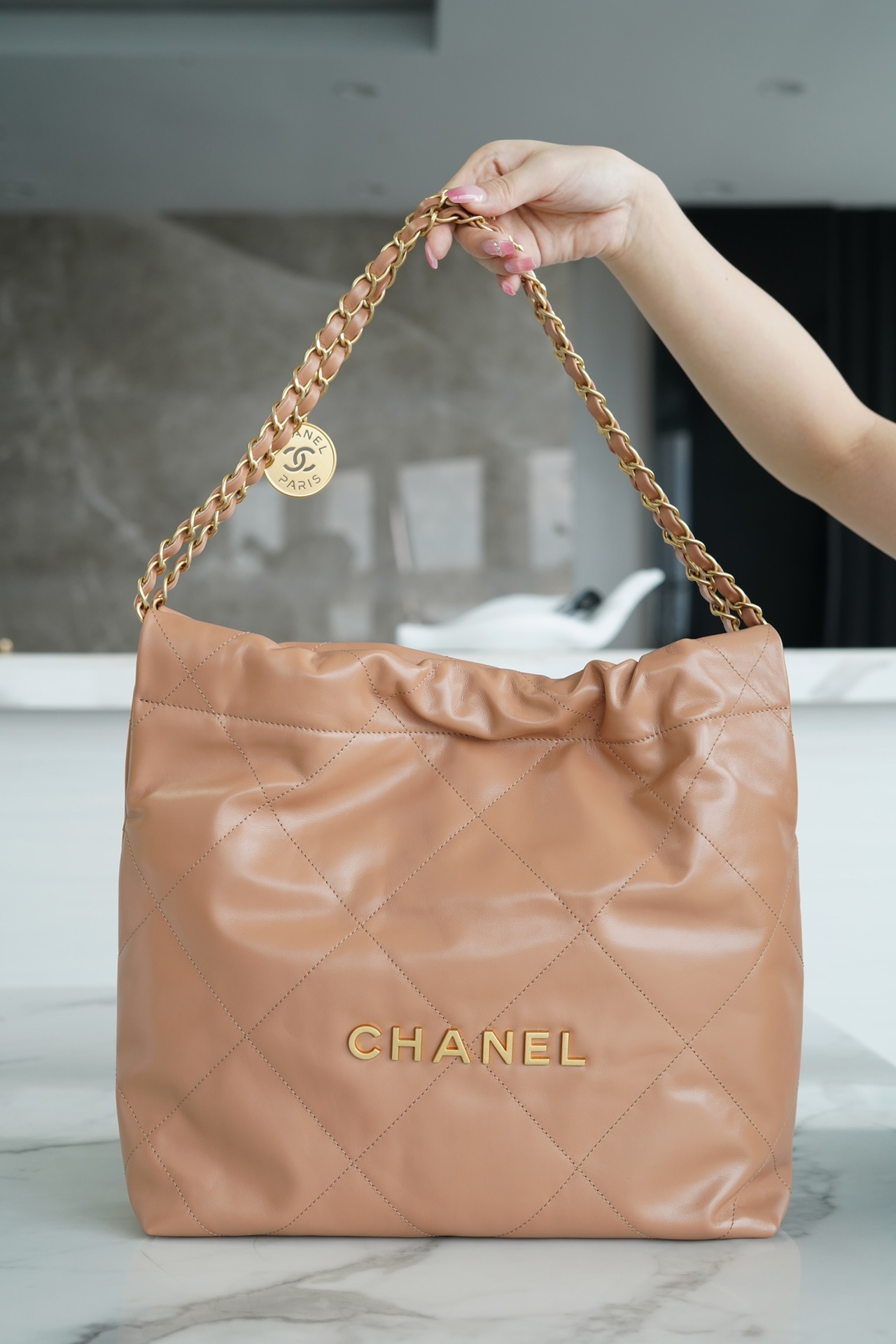 CHANEL 22 Bag Small Milk Tea Almond Gold Button  