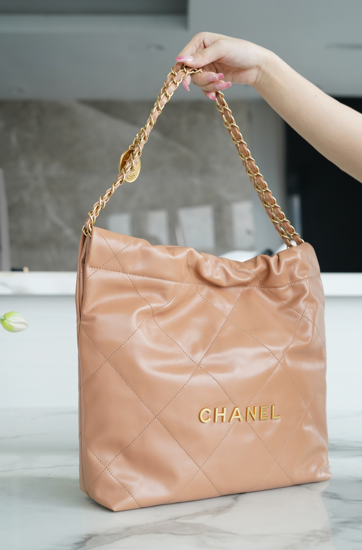 CHANEL 22 Bag Small Milk Tea Almond Gold Button  