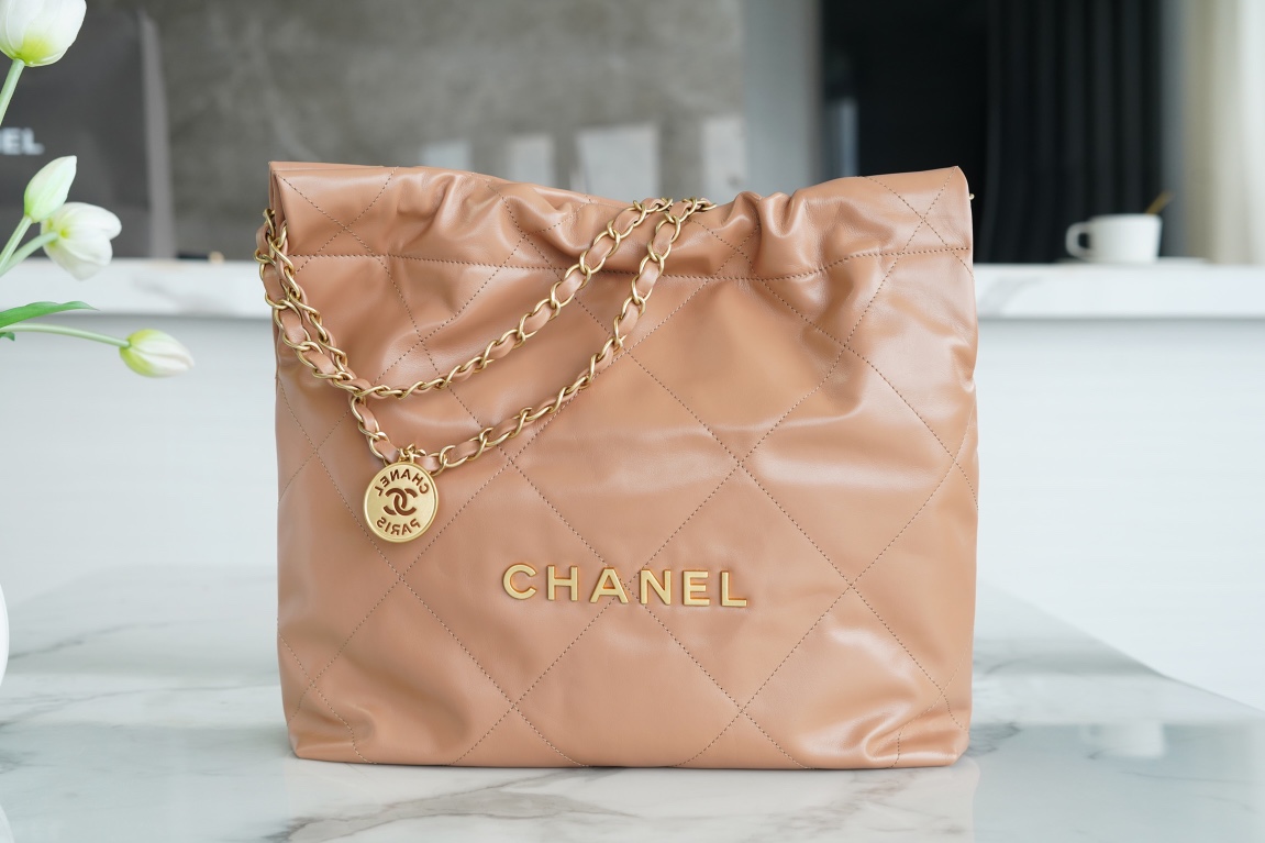 CHANEL 22 Bag Small Milk Tea Almond Gold Button  