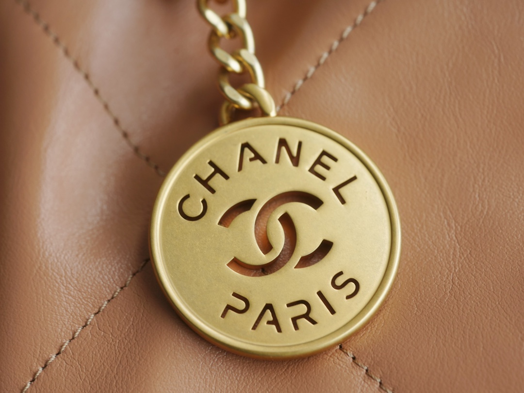 CHANEL 22 Bag Small Milk Tea Almond Gold Button  