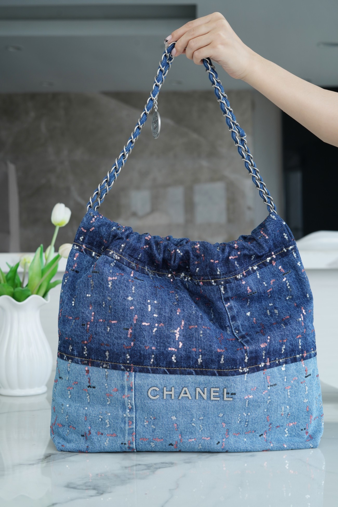 CHANEL 23A Sequin Denim Patchwork 22 Bag Medium  