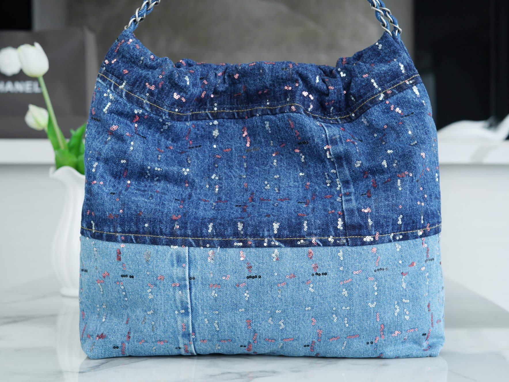 CHANEL 23A Sequin Denim Patchwork 22 Bag Medium  