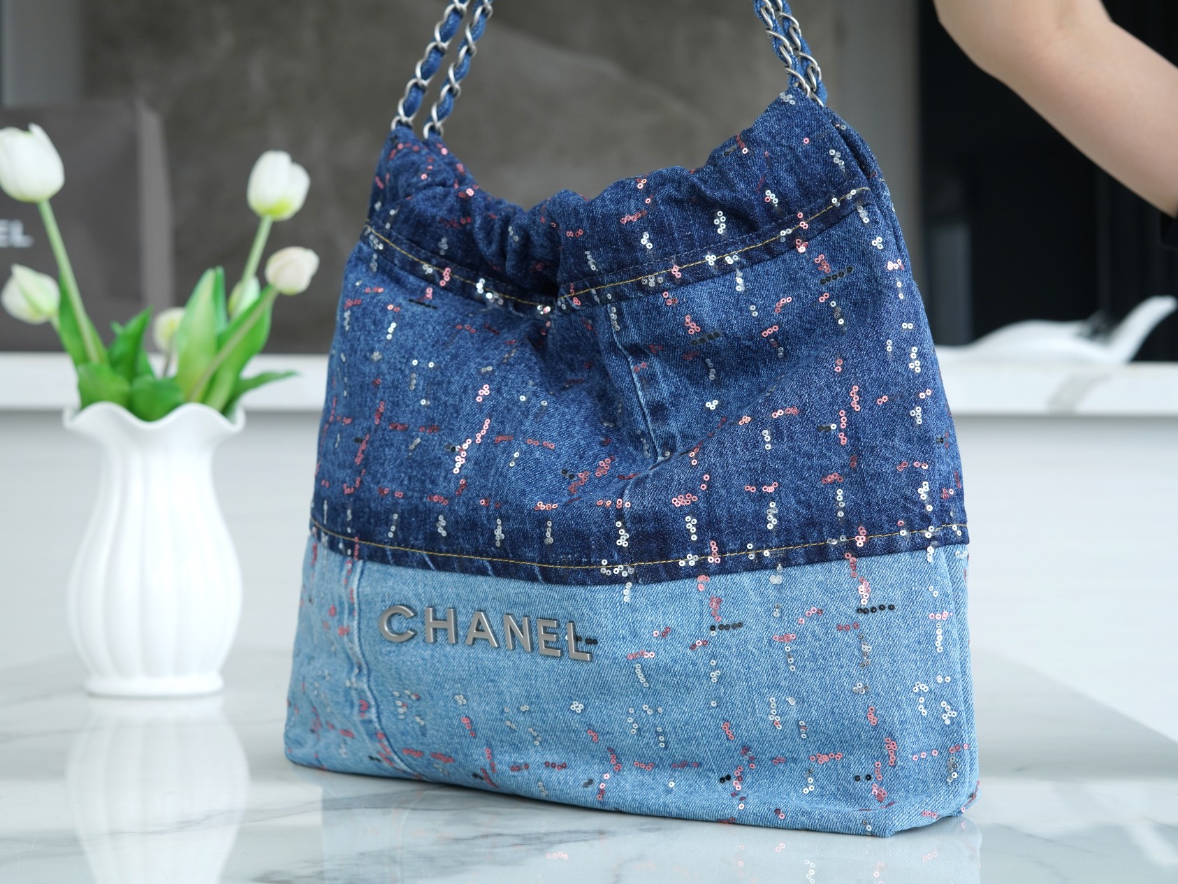 CHANEL 23A Sequin Denim Patchwork 22 Bag Medium  