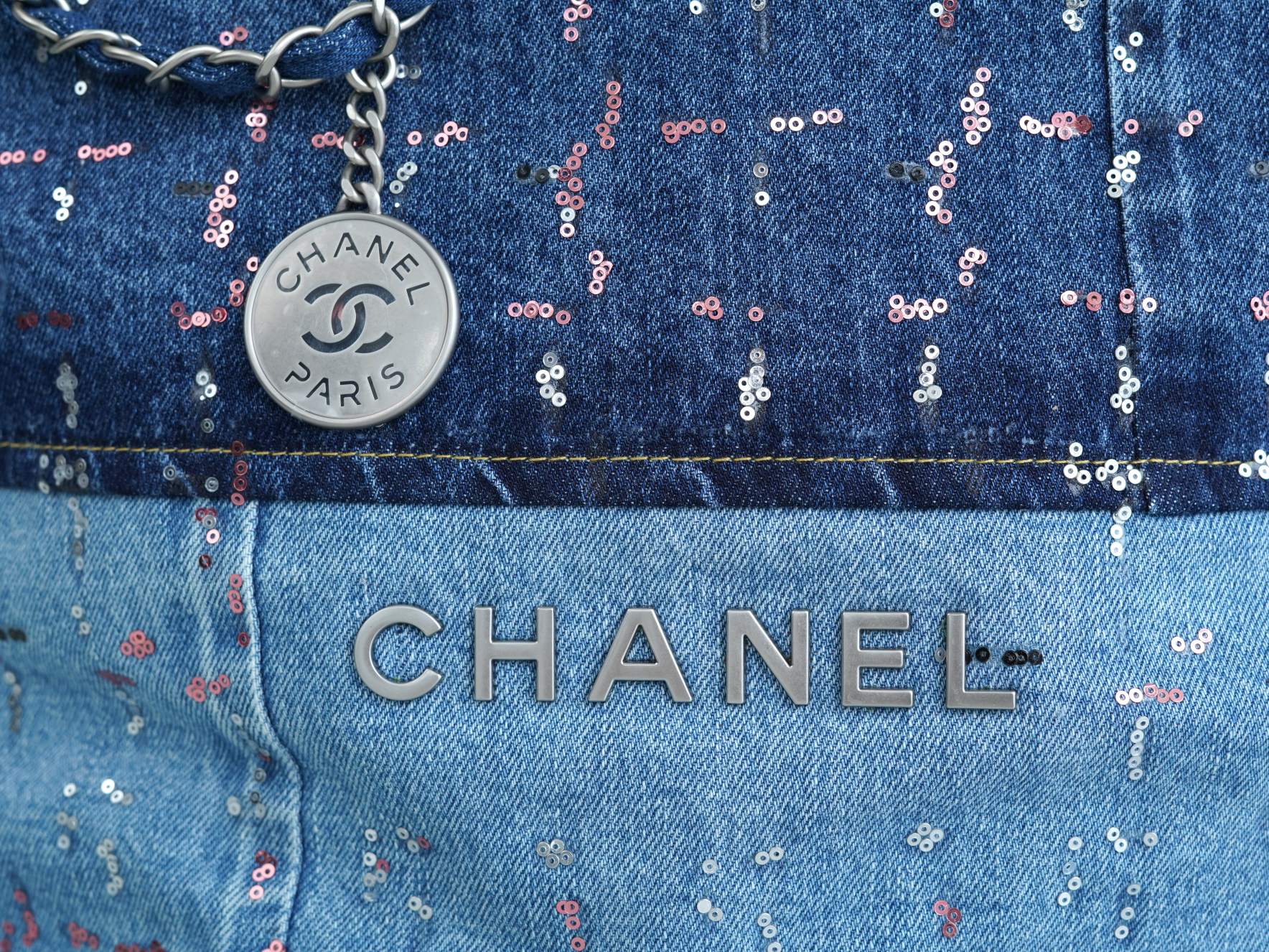 CHANEL 23A Sequin Denim Patchwork 22 Bag Medium  